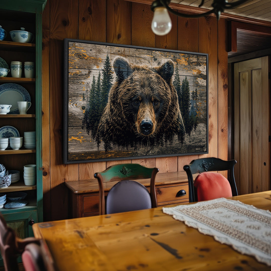 Framed Wall Art featuring a majestic bear portrait. Rustic style with a warm, earthy color palette. Perfect for cabin decor!