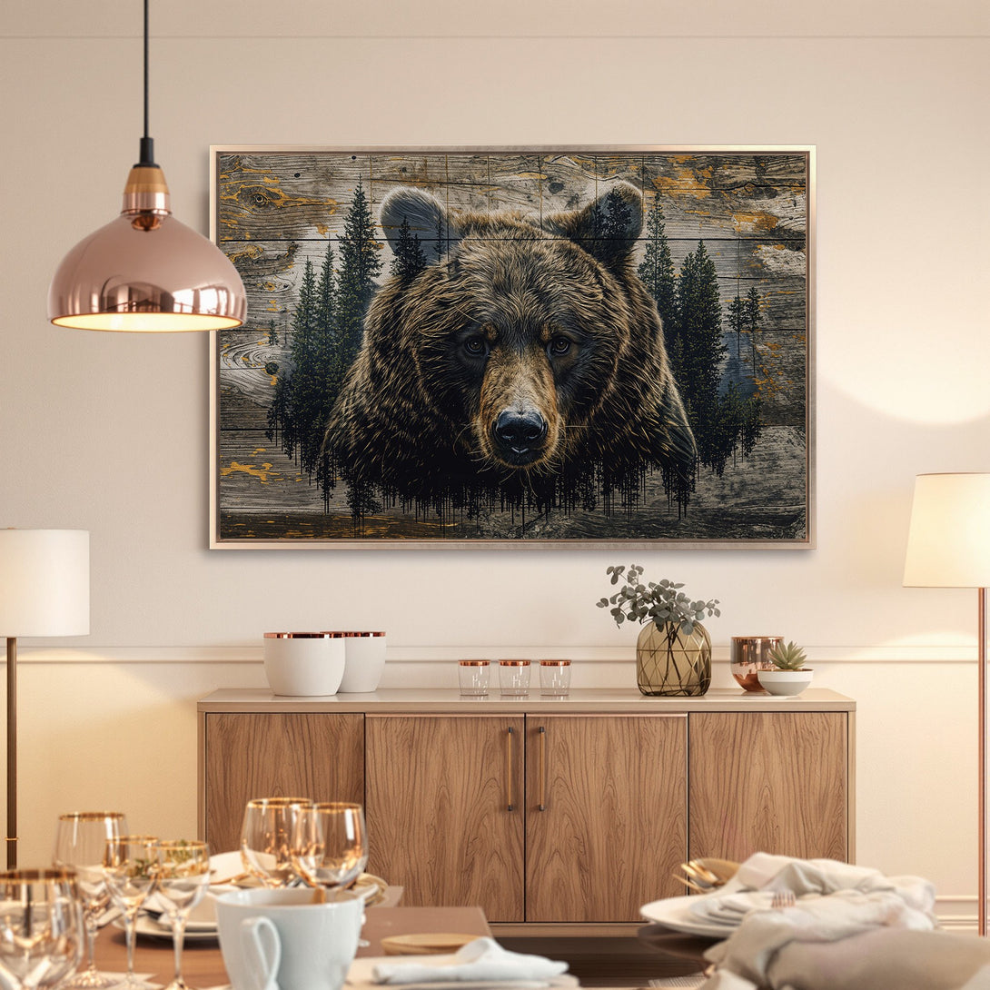 Framed Wall Art: Majestic bear portrait on rustic wood. Earthy tones & nature-inspired art for a cozy, cabin-style interior. Shop now!