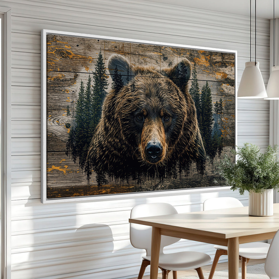 Framed Wall Art featuring a majestic bear in a rustic style. Earthy tones of brown, green, and gold create a warm, inviting atmosphere. Perfect for home decor.