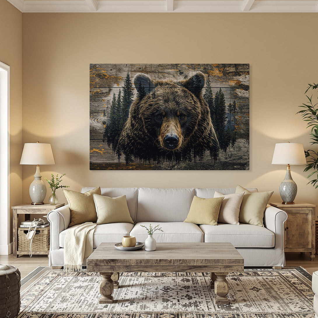 Framed Wall Art: Grizzly bear portrait canvas print with rustic wood background, warm brown and gold tones, perfect for lodge decor.