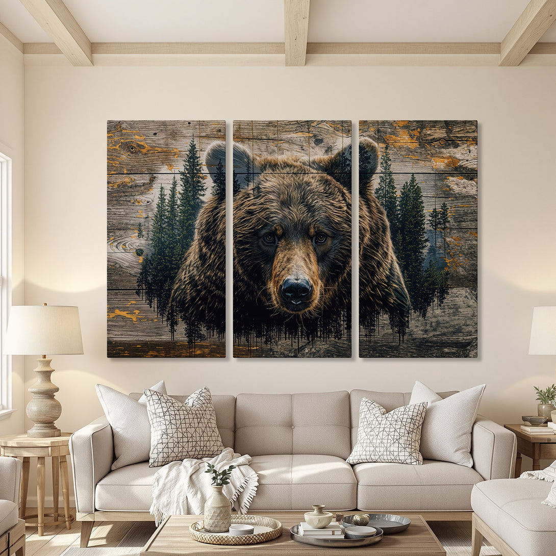 Canvas Print of a majestic bear with a rustic, wood-grain background. Earthy tones and forest imagery create a cozy, natural vibe. Perfect for your living room!