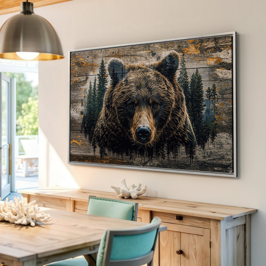 Framed Wall Art featuring a majestic bear portrait. Rustic style with a warm, earthy color palette. Perfect for adding a touch of nature to your home.