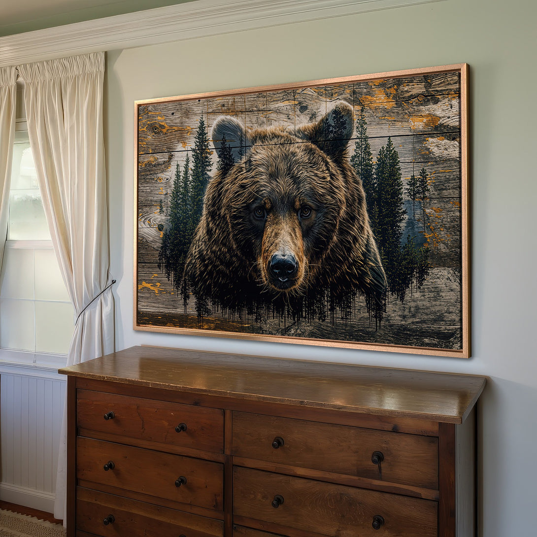 Framed Wall Art: Grizzly bear portrait on wood texture, rustic style. Earthy tones with brown, green, and gold accents. Perfect for cabin decor!