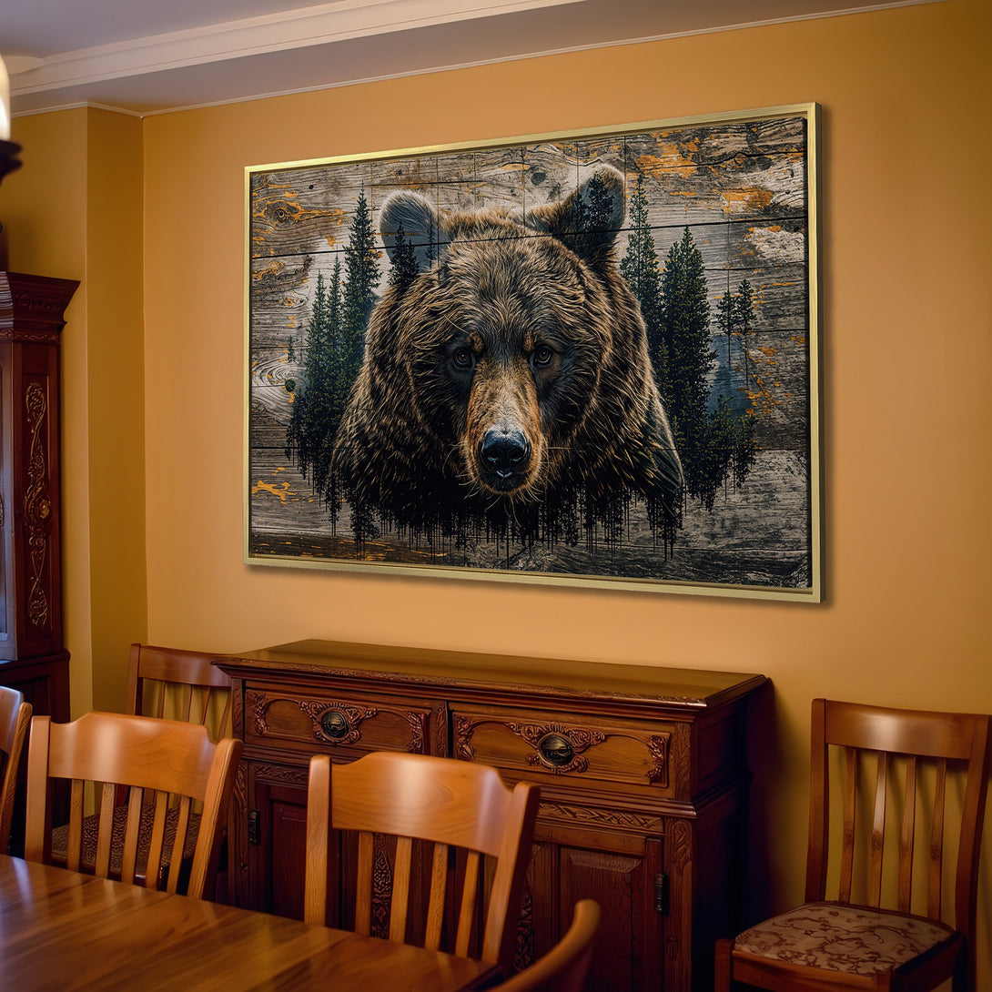 Canvas Print of a majestic bear in a rustic, wood-look style. Earthy tones create a warm, inviting aesthetic for your home decor.