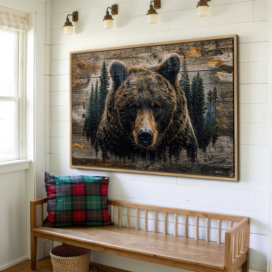 Framed Wall Art: Grizzly bear portrait on rustic wood-look canvas. Earthy tones of brown, green, and gold. Perfect for cabin or lodge decor.