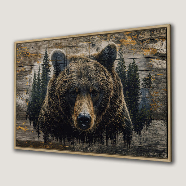 Framed Wall Art featuring a majestic bear portrait with a rustic wood and forest background. Earthy tones and a natural, artistic style.