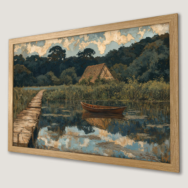 Framed Poster of a serene lake scene, featuring a boat and cabin. Earthy tones and impressionistic style. Perfect wall art!