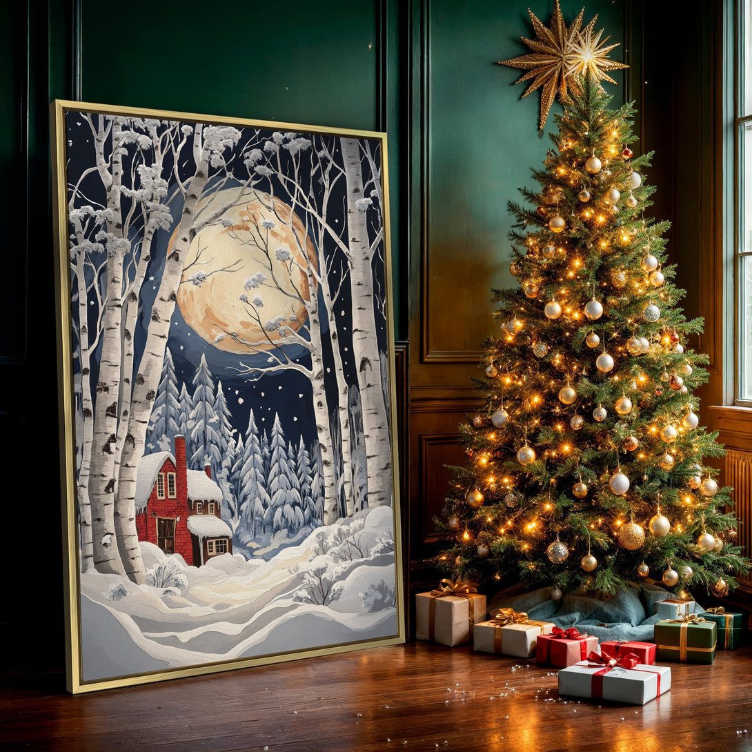 Canvas Print: Winter landscape art with a red cabin, birch trees, and a full moon. Features a cool, snowy color palette. Perfect for cozy decor.