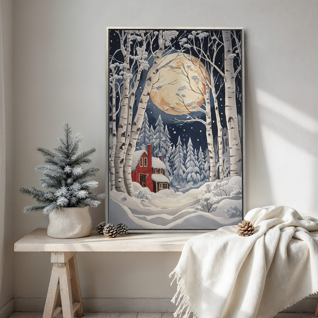 Framed Wall Art: Winter scene Canvas Print featuring a cozy red cabin, snowy landscape, and birch trees. Warm, inviting colors perfect for home decor.