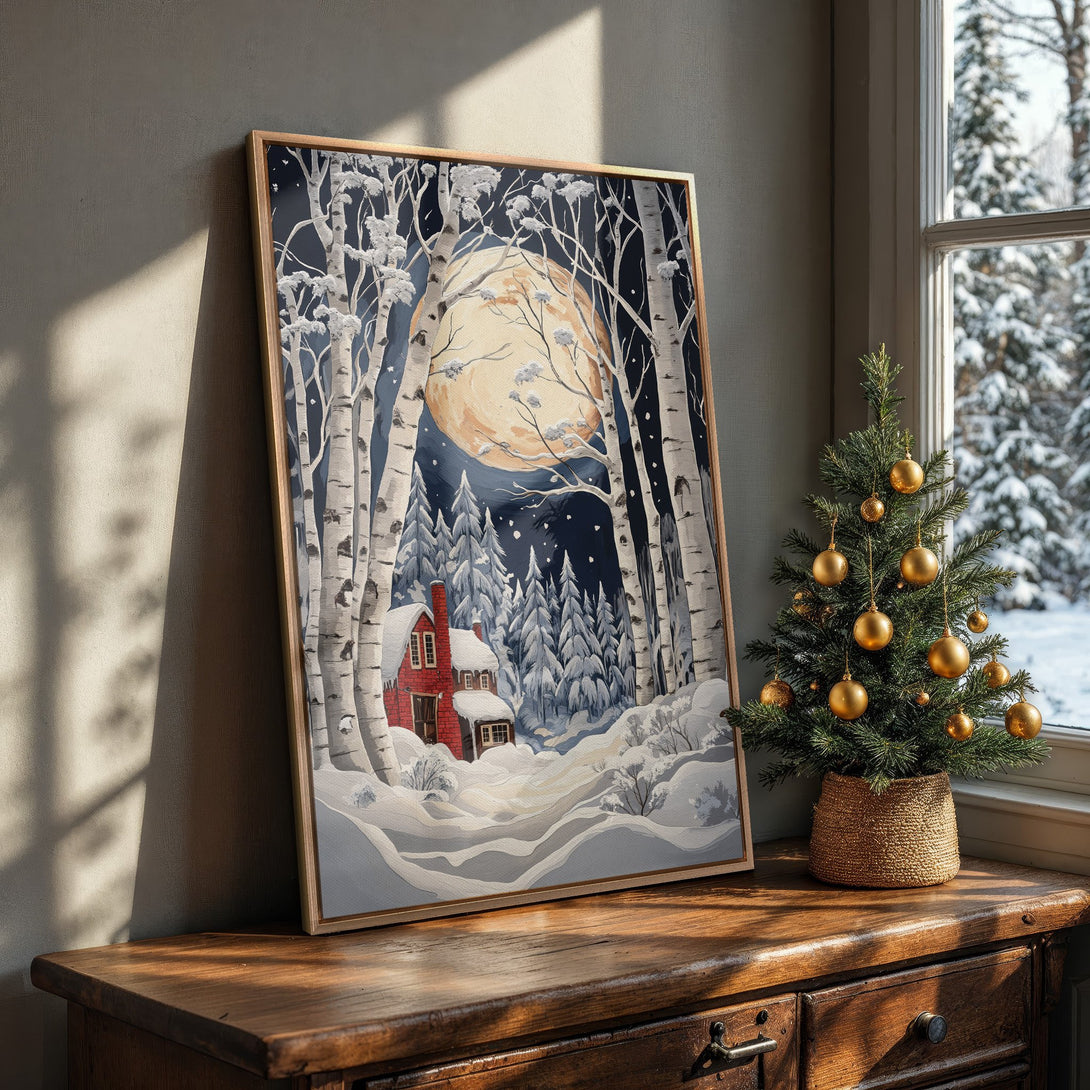 Framed Wall Art: Winter landscape Canvas Print with a cozy red cabin, birch trees, and a full moon. Blue, white, and warm tones for a festive touch.