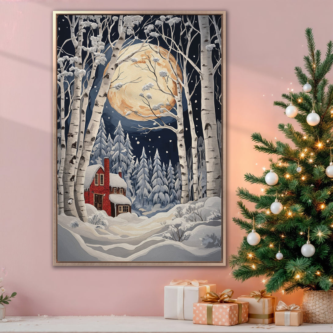 Framed Wall Art: Winter landscape canvas print with a cozy red cabin, snowy forest, and a warm, inviting color palette. Perfect for holiday decor!