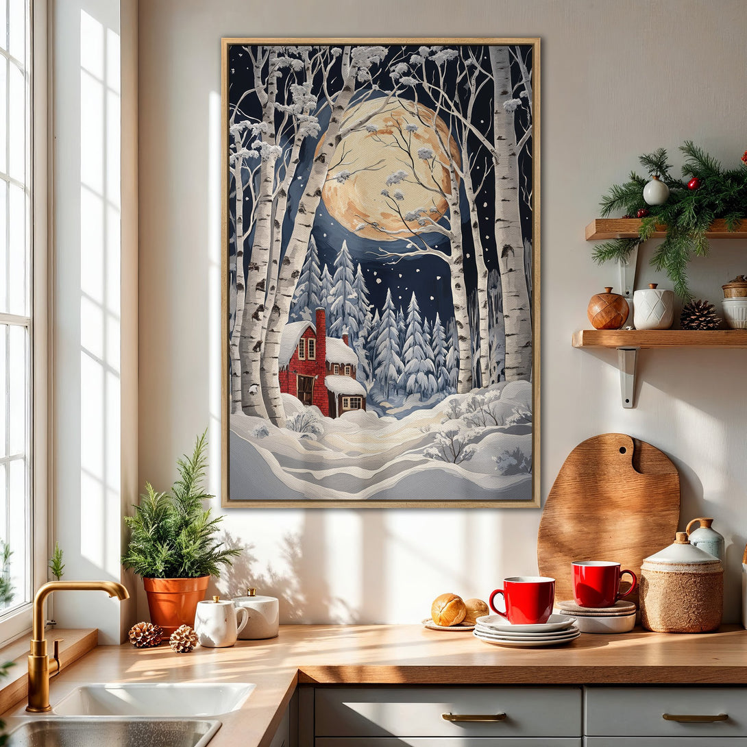 Framed Wall Art: Winter landscape Canvas Print with snow-covered trees, a red cabin, and a full moon. Cool blue, white, and warm orange color palette.