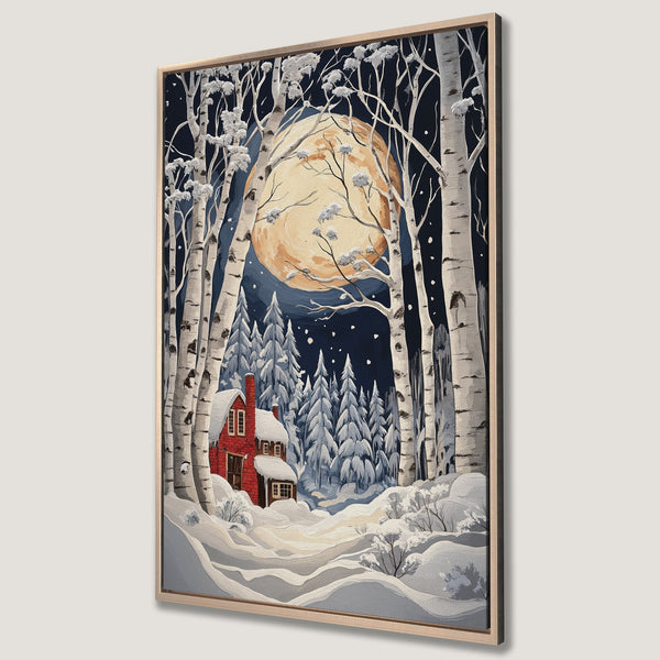 Framed Wall Art of a winter landscape with a red cabin, birch trees, and a full moon. Features a cool blue and white color palette.
