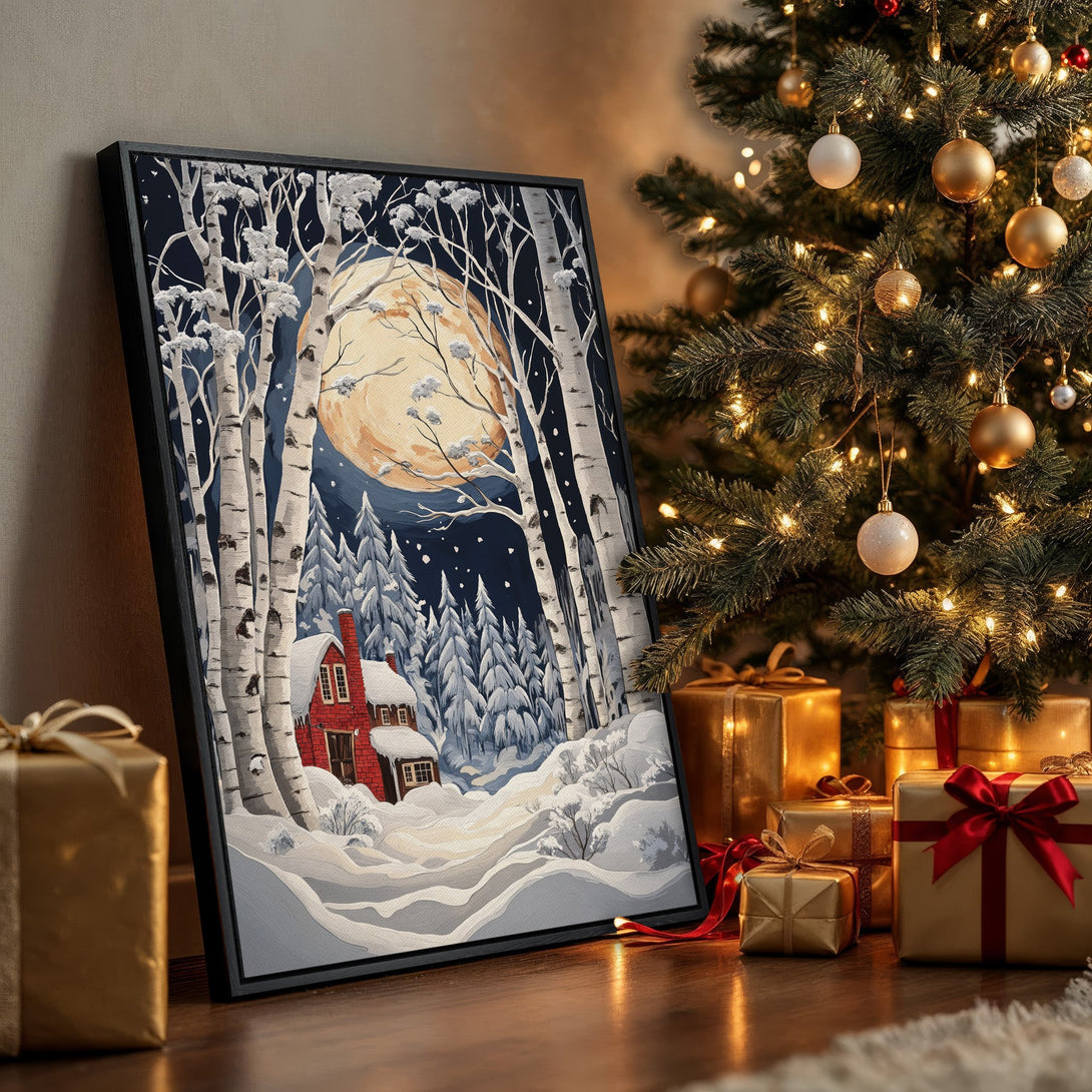 Framed Wall Art: Winter landscape canvas print with a red cabin, birch trees, and a full moon. Cozy, painterly style with a cool blue and warm gold palette.