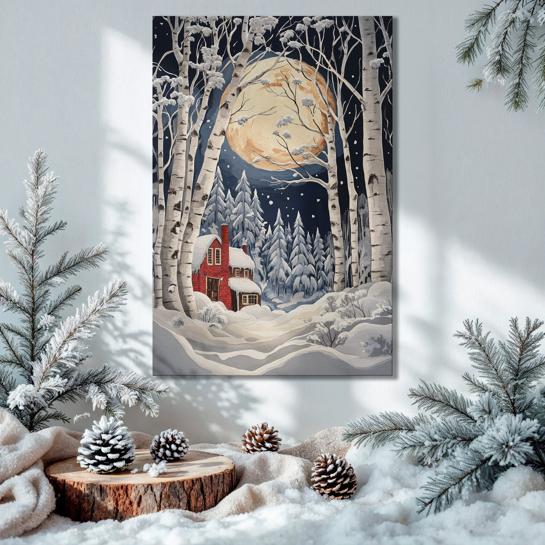 Framed Wall Art: Winter landscape canvas print with birch trees, red house, and full moon. Cool blue, white, and warm orange tones. Perfect holiday decor!