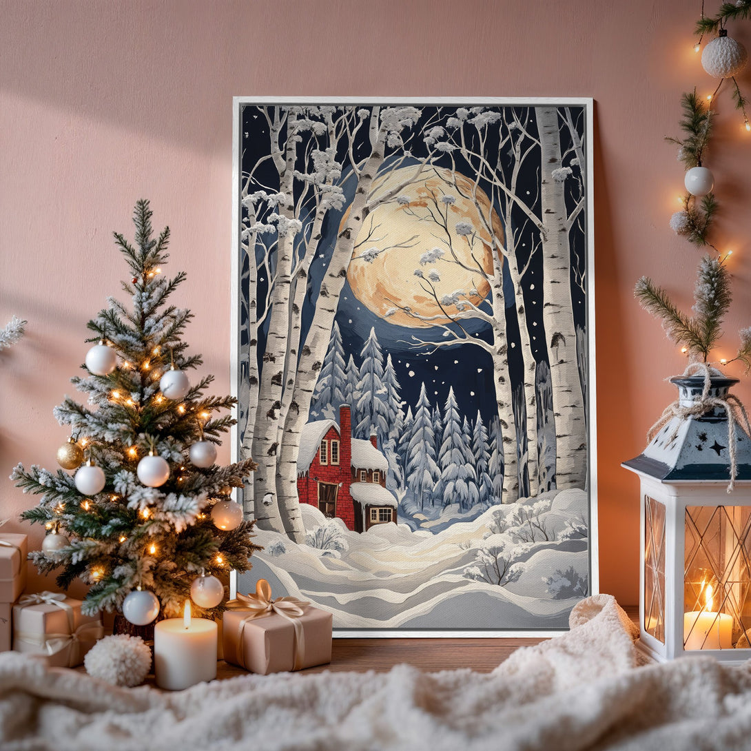 Framed Wall Art: Winter landscape canvas print with a red cabin, snowy trees, and a full moon. Cool blue and white tones, perfect for holiday decor.