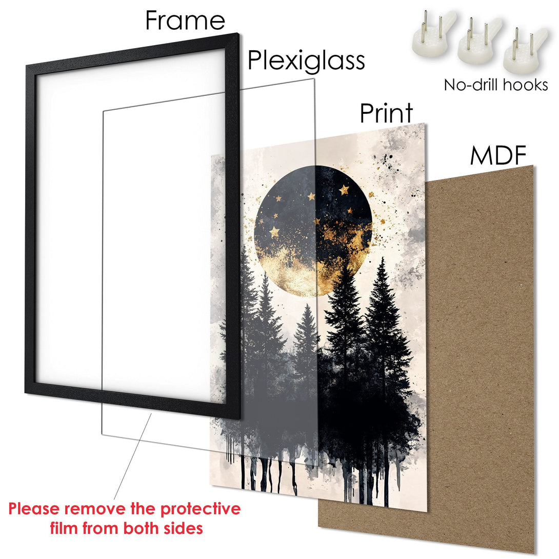 Framed Poster featuring a moonlit forest scene in black, gold, and neutral tones. Add artistic flair to your space!