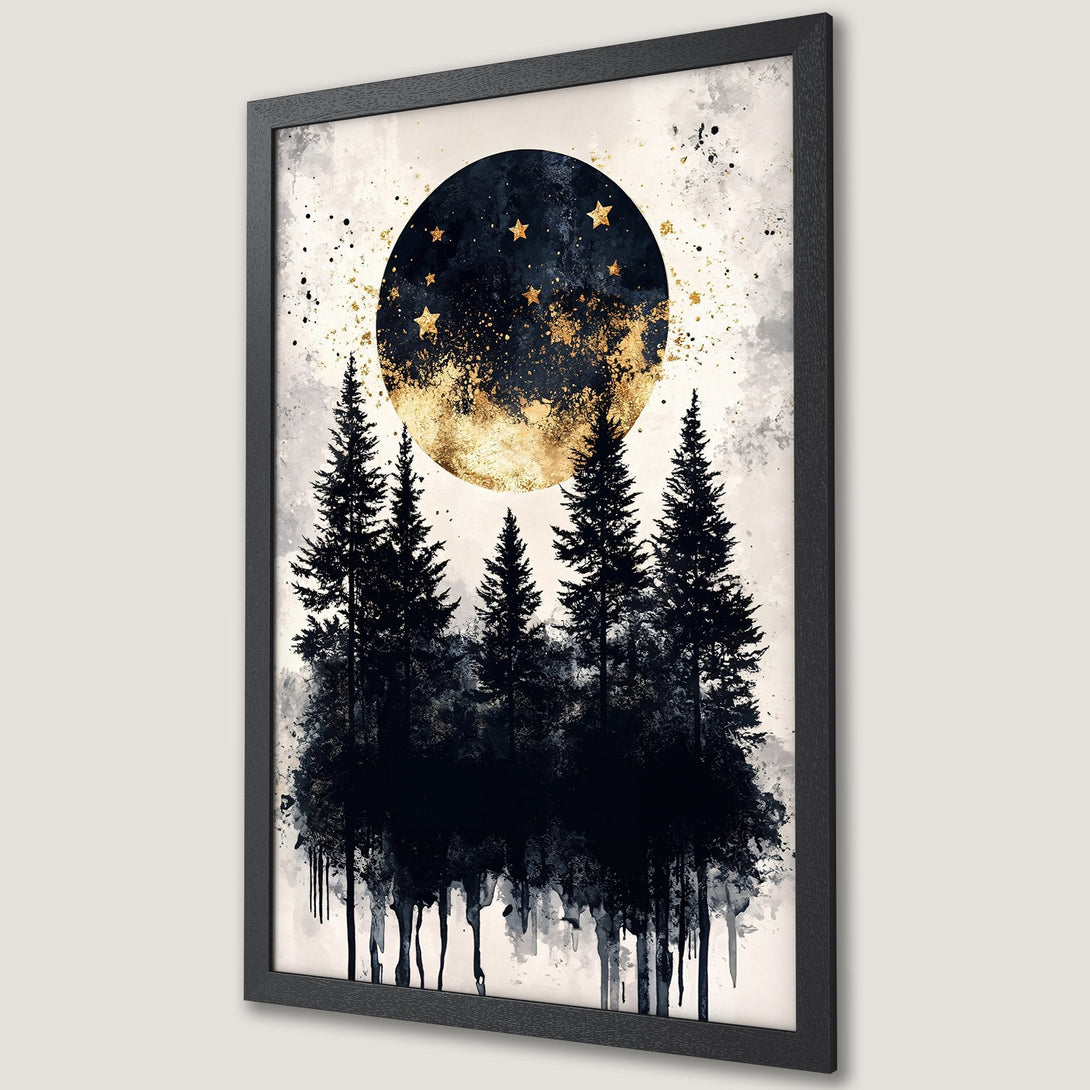 Framed Poster of a moonlit forest. Abstract art style with black, gold, and neutral color palette. Perfect wall decor for any room.