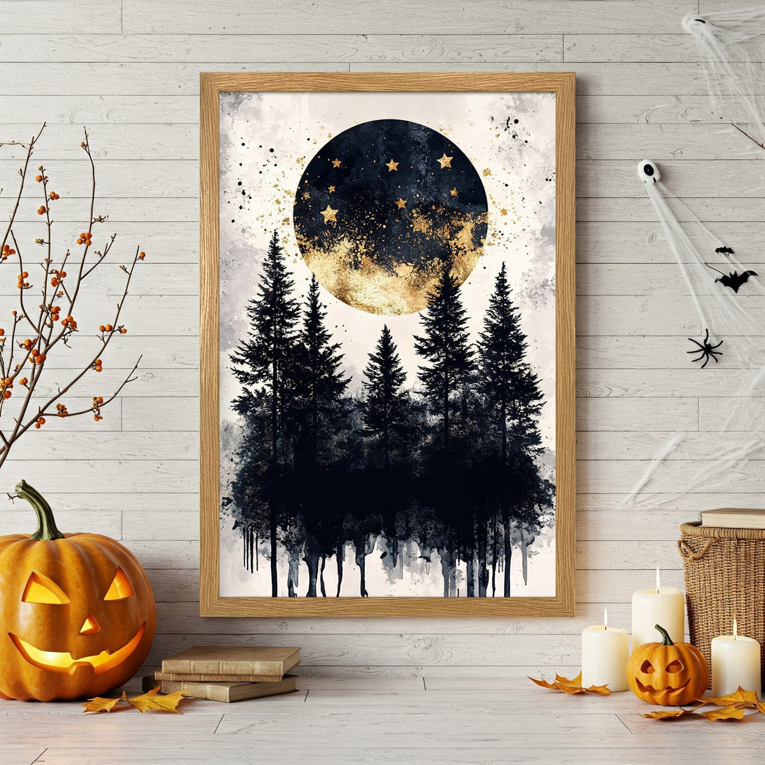 Framed Poster featuring a watercolor forest scene with a moon and stars. Dark blue, gold, and white color palette. Perfect Halloween decor.
