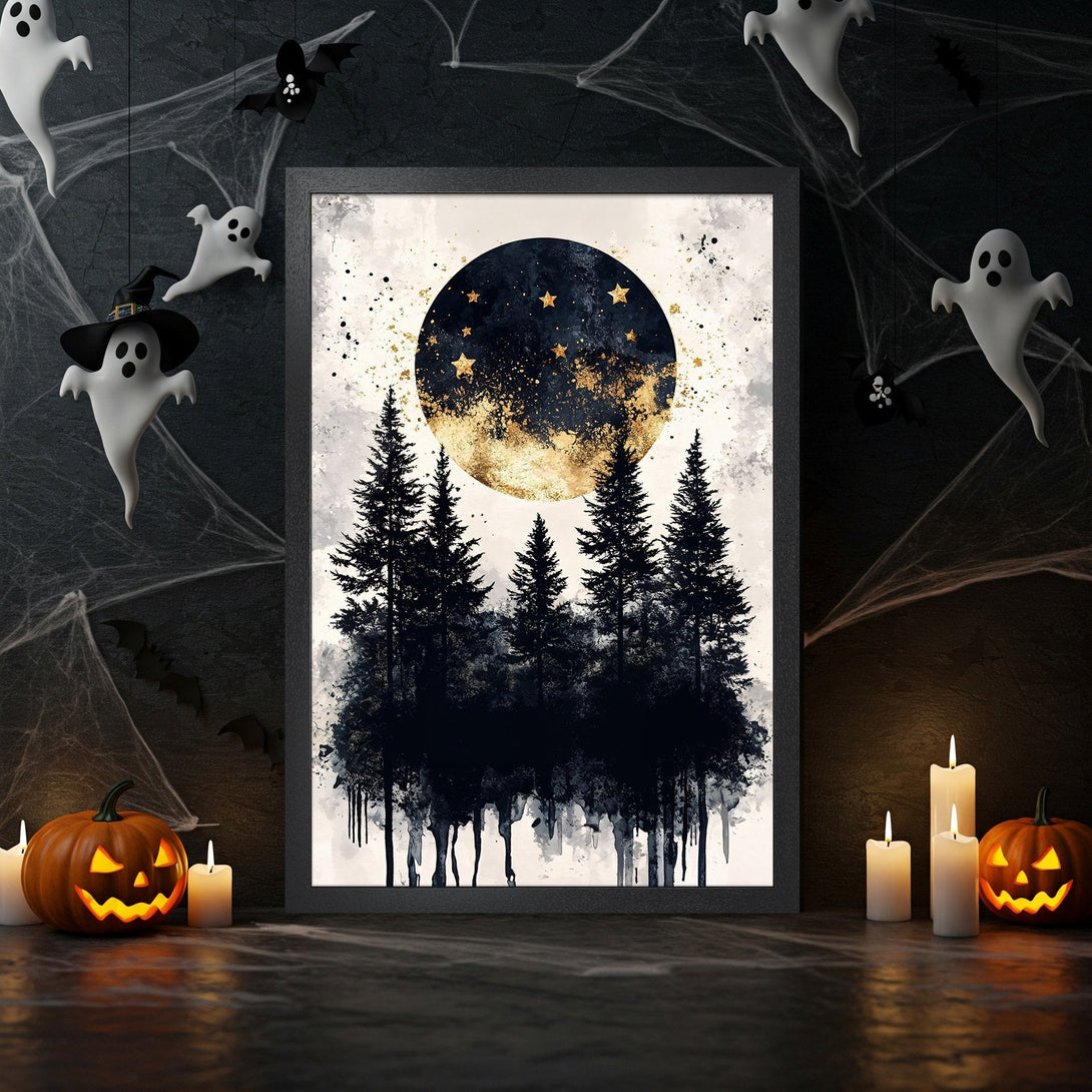 Framed Poster featuring a spooky forest at night with a gold moon. Halloween art in black, white, and gold. Perfect for seasonal decor!