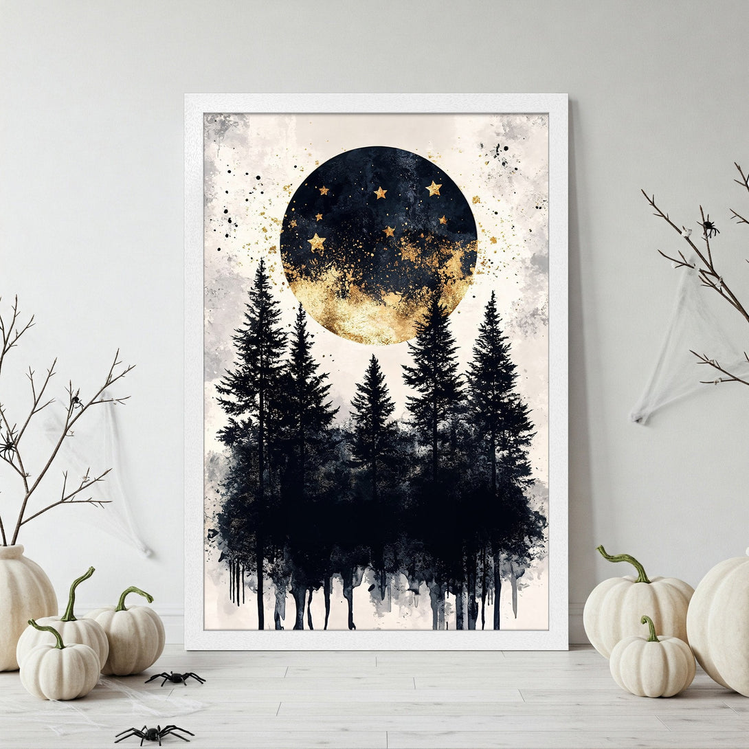 Framed Poster featuring a watercolor forest scene with a moon. Dark blue, gold, and white color palette. Perfect for Halloween decor.