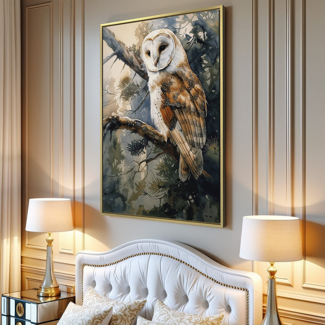 Canvas Print featuring a watercolor owl perched on a branch. Soft, neutral color palette complements any interior. Perfect wall art for your home!