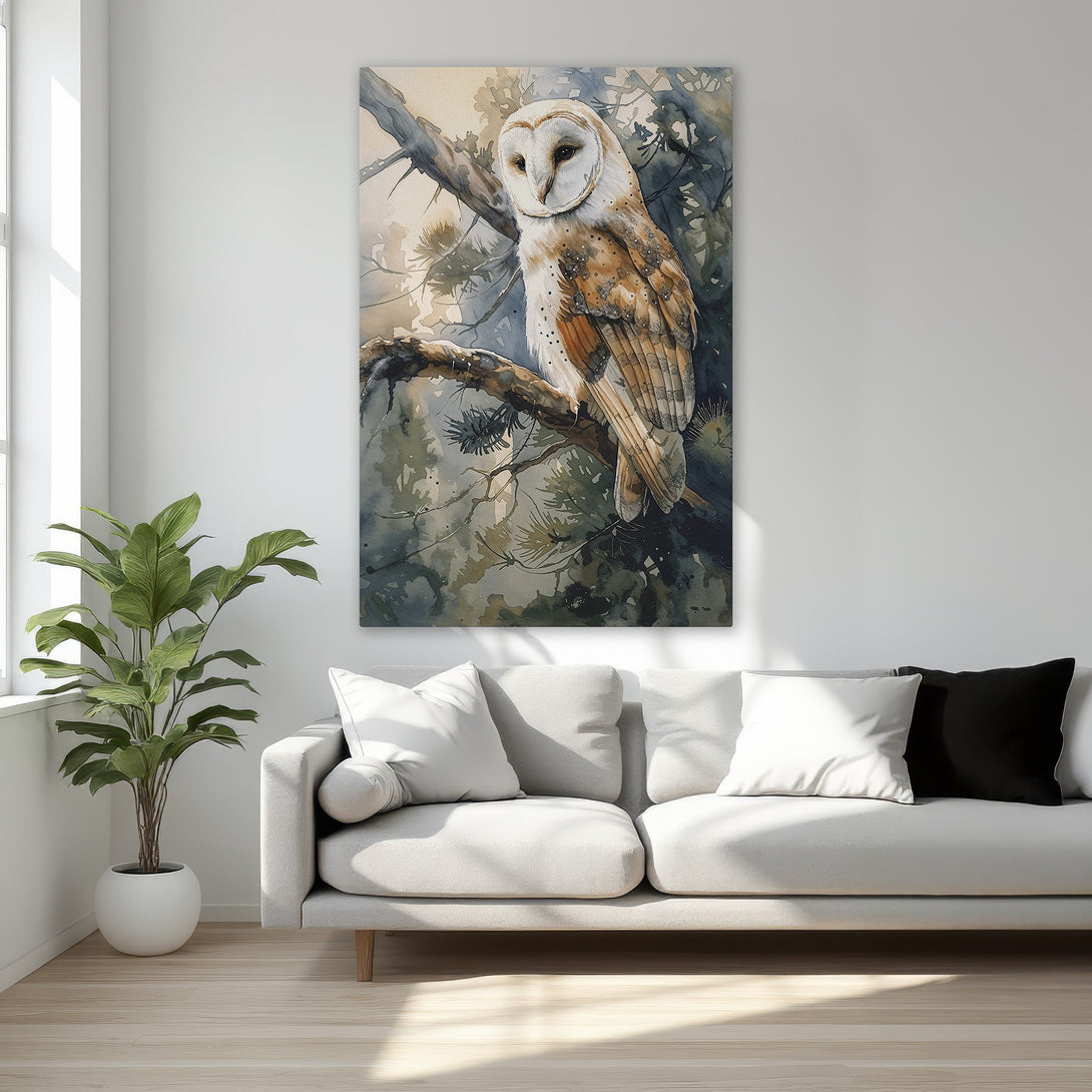 Framed Wall Art featuring a watercolor owl in a gold frame. Earthy tones and a serene style make this canvas print perfect for any interior.