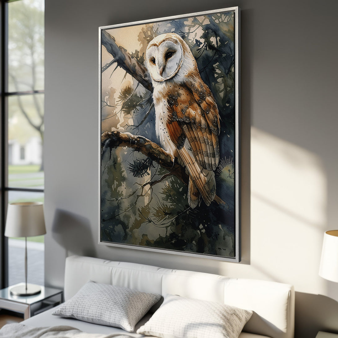 Framed Wall Art: Watercolor owl print in a bedroom. Earthy tones of brown, beige, and green create a serene, nature-inspired aesthetic for your home decor.