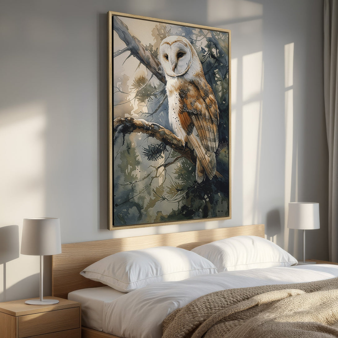Framed Wall Art: Watercolor owl perched on a branch. Earthy tones and soft blues create a serene, nature-inspired canvas print for your bedroom decor.