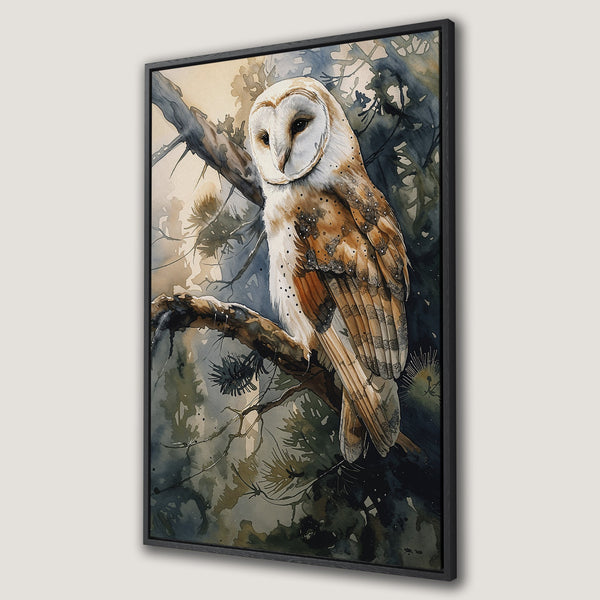 Framed Wall Art featuring a watercolor owl perched on a branch. Earthy tones of brown, beige, and green create a serene, natural aesthetic. Perfect for home decor.