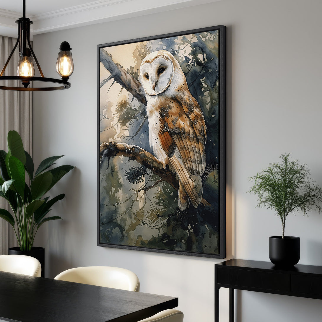 Framed Wall Art featuring a watercolor owl in a natural setting. Earthy tones and a calming aesthetic for your home decor. Shop now!