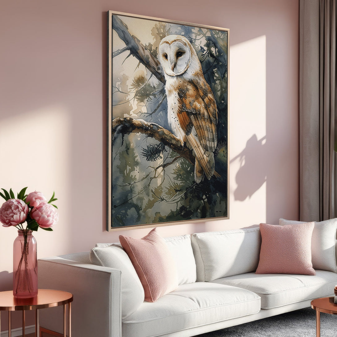 Framed Wall Art: Watercolor owl print in a serene interior. Earthy tones and pink accents create a calming aesthetic. Perfect for adding nature-inspired art to your space.