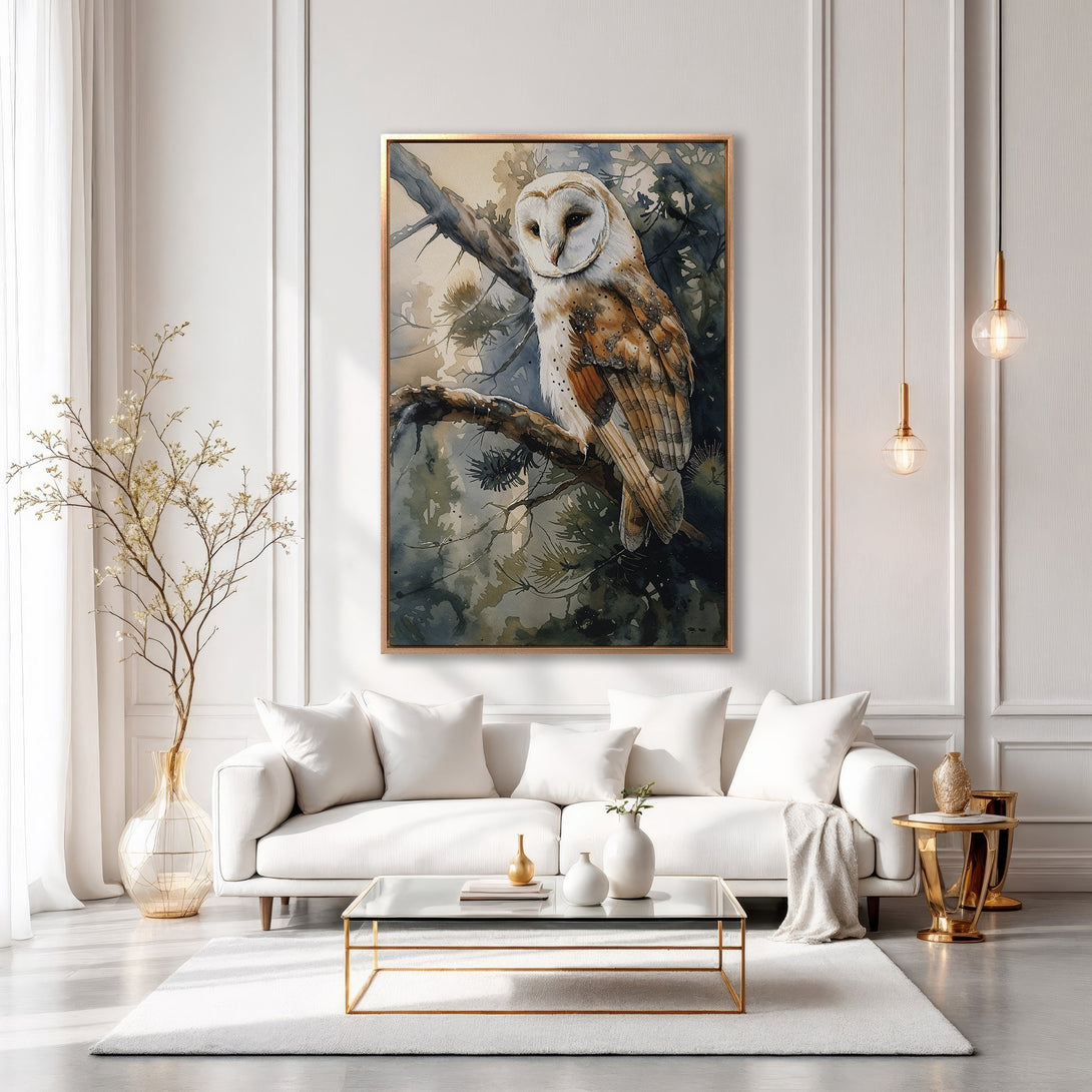 Framed Wall Art: Watercolor owl print in a modern living room. Earthy tones and neutral palette create a calming aesthetic. Elevate your space with this stunning artwork.