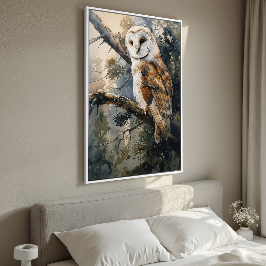 Framed Wall Art: Watercolor owl print in a neutral color palette. Perfect for adding a touch of nature to your bedroom decor. Shop now!