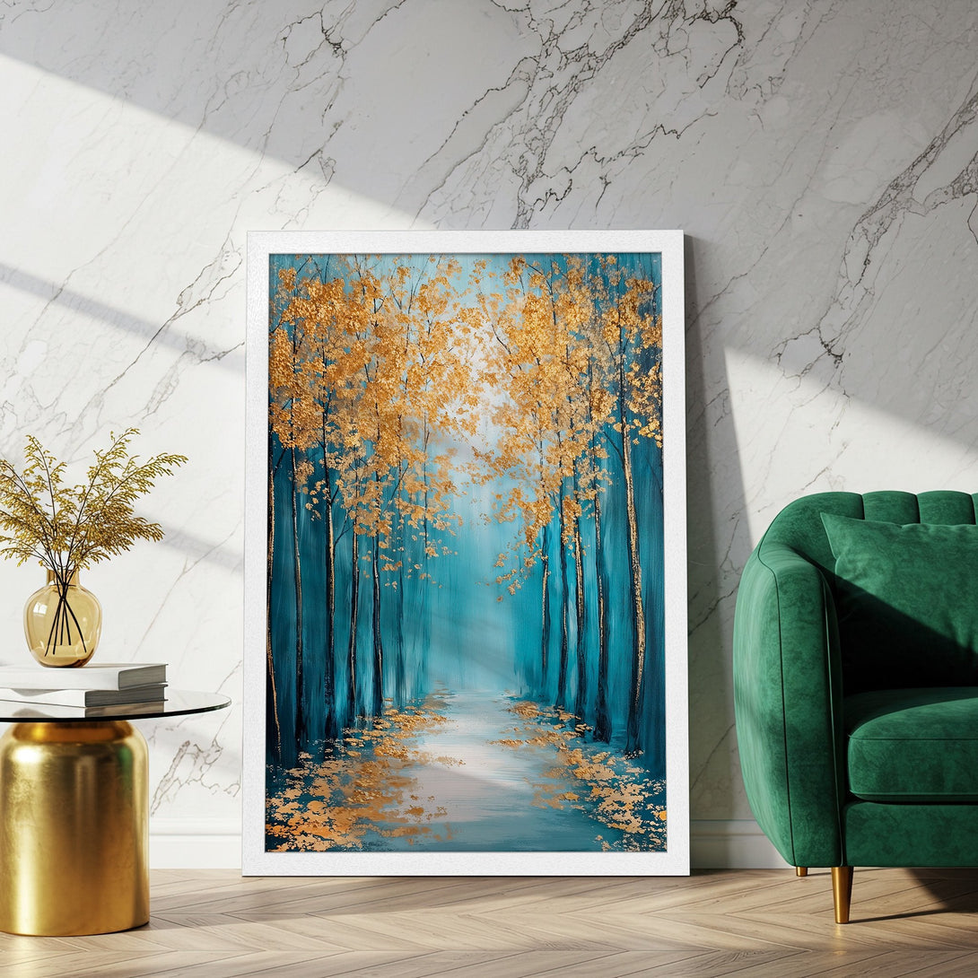 Framed Poster: Abstract forest art print with teal, gold, and blue color palette. Perfect wall decor for living room or bedroom.