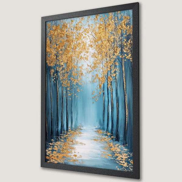 Framed Poster featuring a stunning forest scene with gold leaves and a blue & gold color palette. Perfect wall art!
