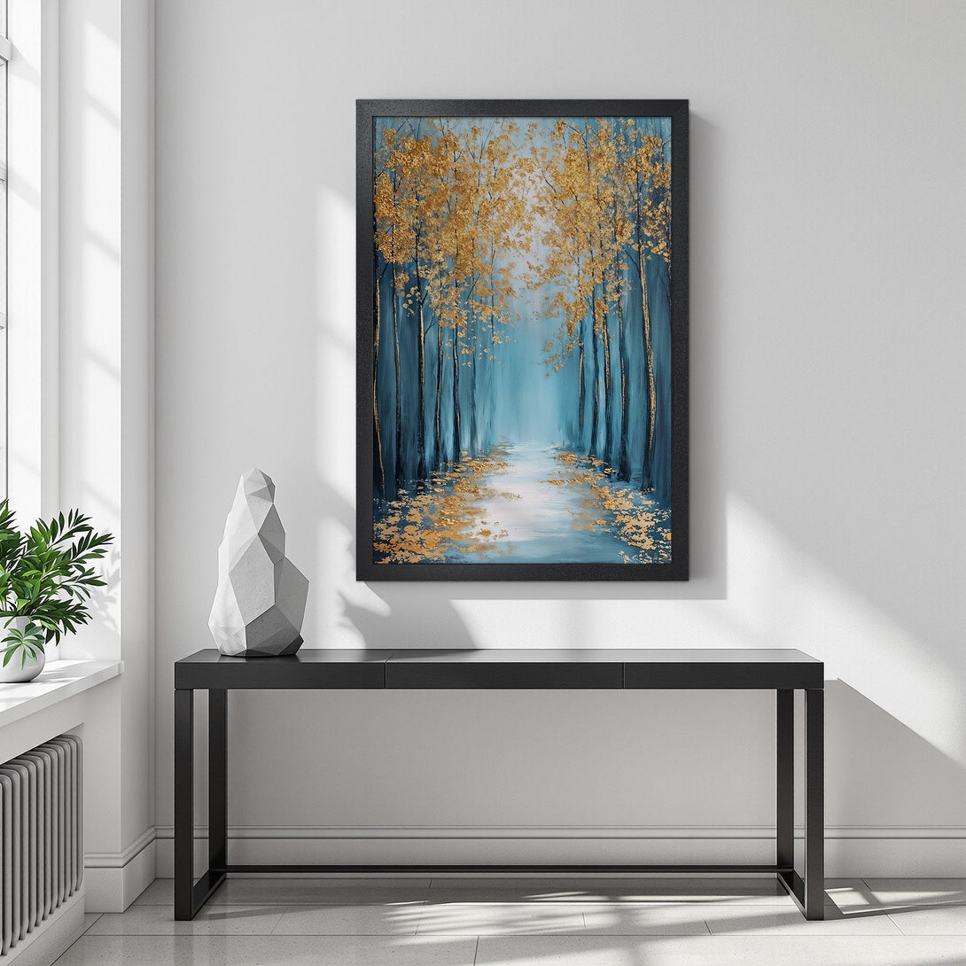 Framed Poster of a serene forest scene with gold and teal color palette. Add artful elegance to your space!