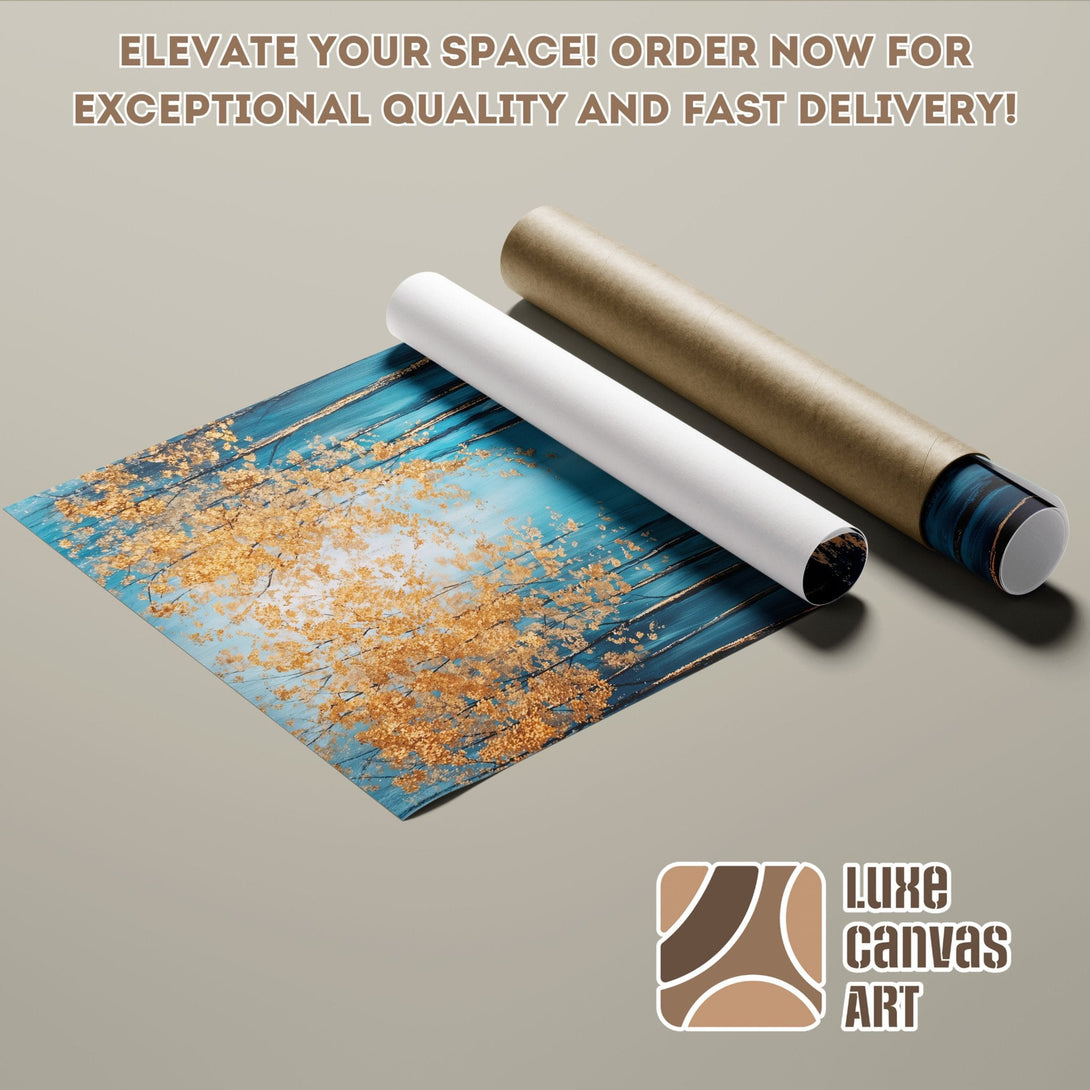 Poster Roll featuring a blue and gold abstract forest scene. Enhance your space with art!