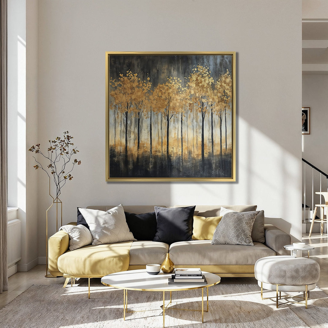 Canvas Print of abstract golden trees in a modern interior. Features a dark, moody color palette with teal walls and red chairs.