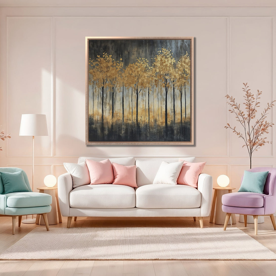 Framed Wall Art: Abstract gold tree art in a modern interior. Neutral color palette with pops of pink and teal. Perfect for living room decor.