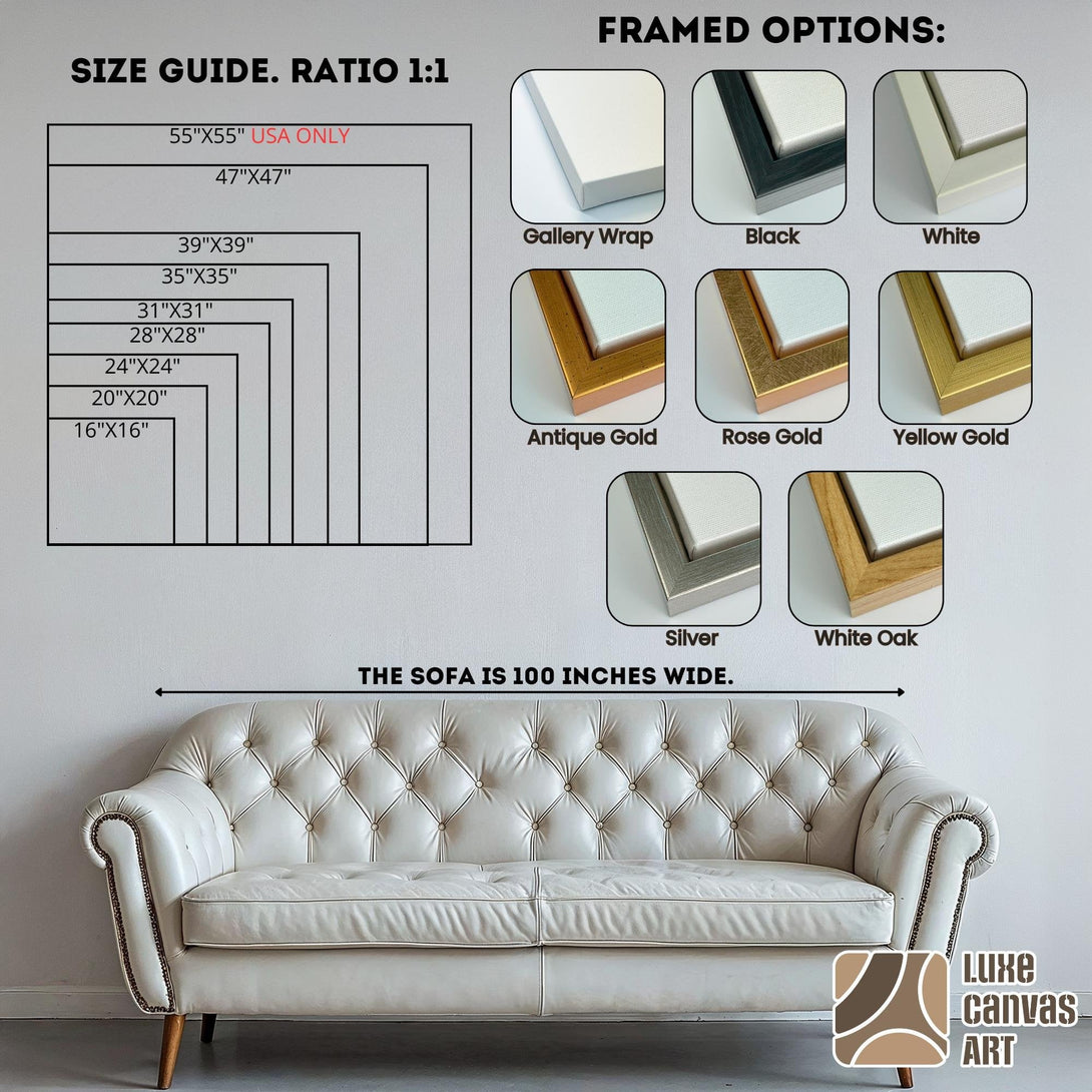 Canvas print size guide with square format 1:1 ratio, displaying various sizes in inches and framed options: Gallery Wrap, Black, White, Antique Gold, Rose Gold, Yellow Gold, White Oak, Silver