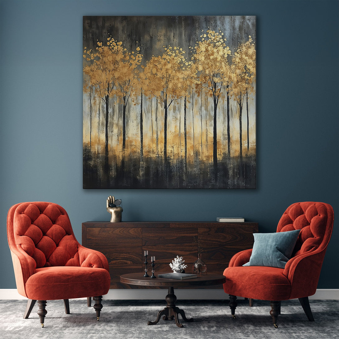 Framed Wall Art featuring a gold leaf forest scene. Modern abstract art with a gold, black, and grey color palette, perfect for living room decor.