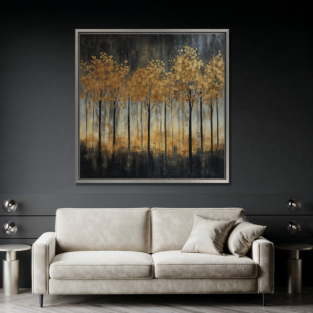 Framed Wall Art: Abstract gold trees canvas print with a dark, moody color palette. Modern art to elevate your living room decor.