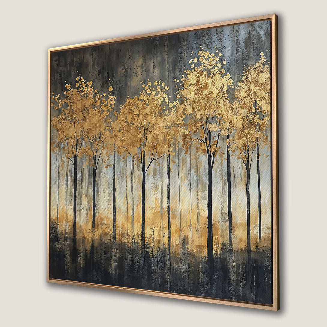 Framed Wall Art: Abstract gold tree painting on canvas. Modern art with a neutral color palette, perfect for home decor and adding a touch of elegance.