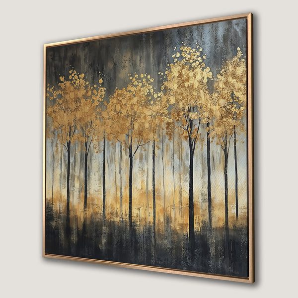 Framed Wall Art: Abstract gold tree painting on canvas. Modern art with a neutral color palette, perfect for home decor and adding a touch of elegance.