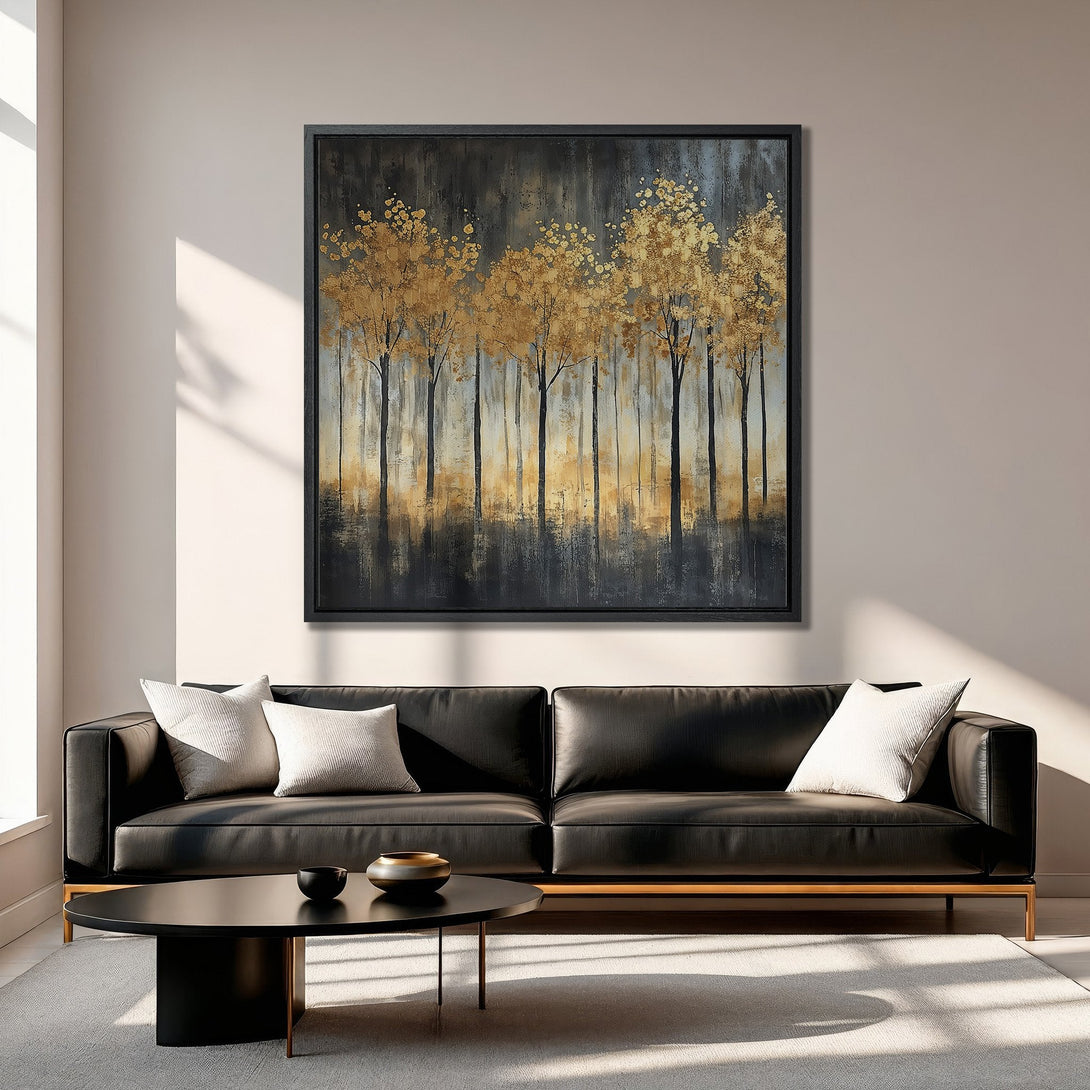 Framed Wall Art featuring a gold-toned abstract forest scene. Modern art in a neutral color palette, perfect for living room decor.