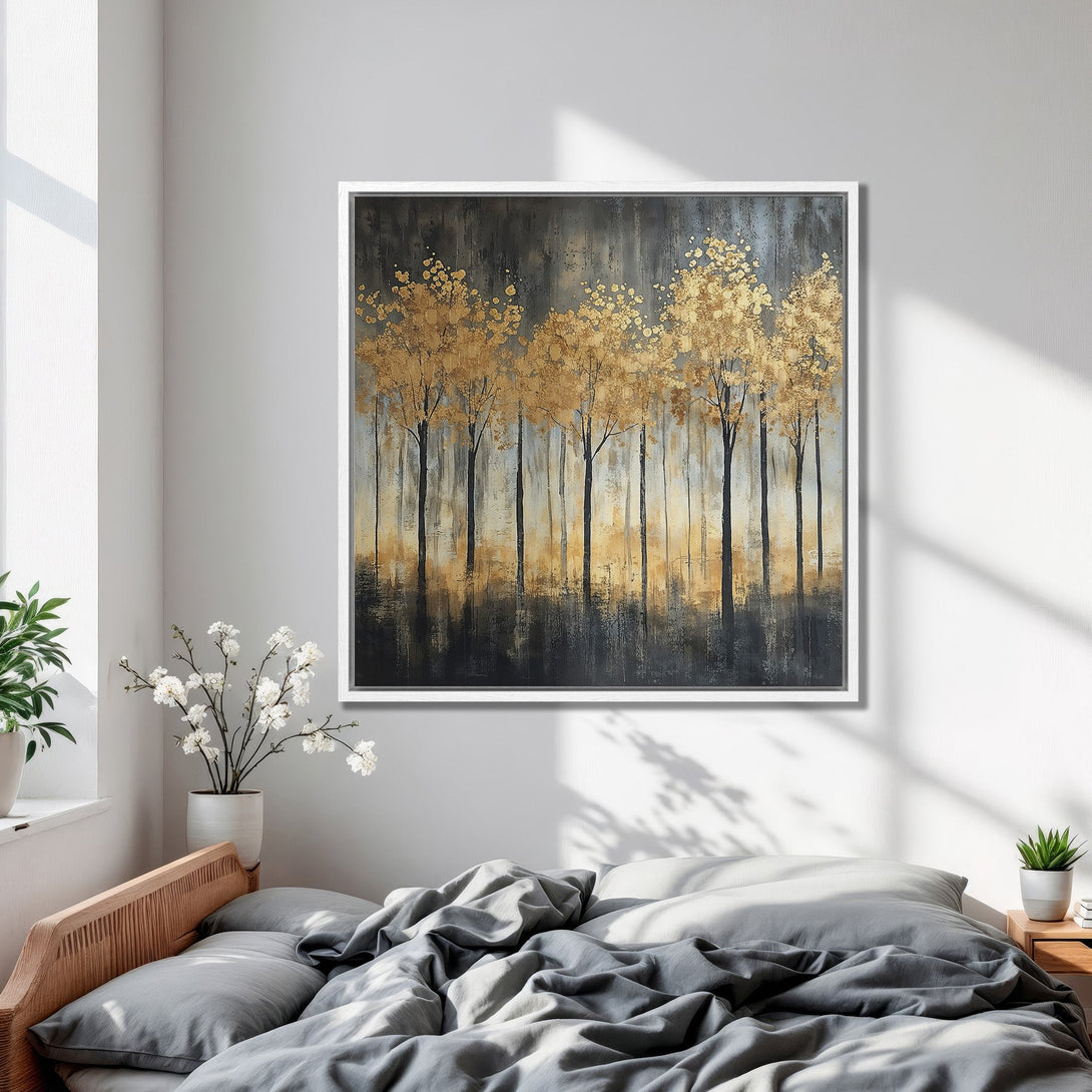 Framed Wall Art featuring abstract gold trees on a dark background. Modern art with a calming color palette, perfect for bedroom decor.