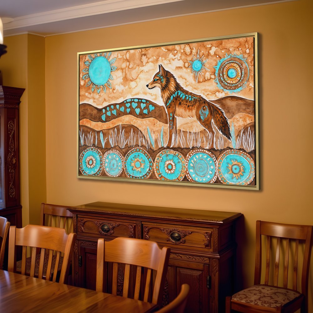 Canvas Print featuring a Native American style wolf art piece in brown and turquoise. Perfect for living room decor.