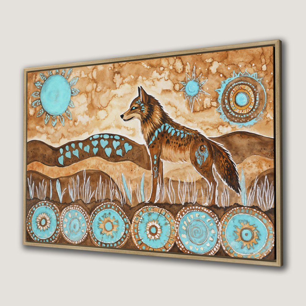 Framed Wall Art: Watercolor coyote in earthy tones with turquoise accents. Southwestern style Canvas Print for a unique home decor statement.