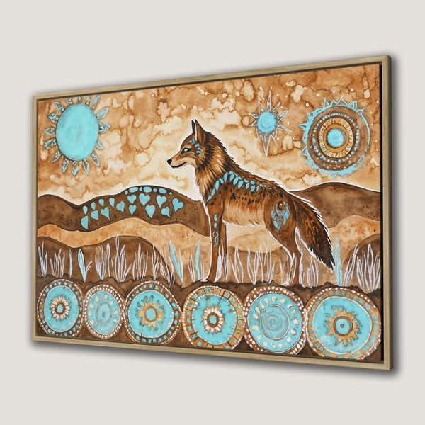 Framed Wall Art: Watercolor coyote in earthy tones with turquoise accents. Southwestern style Canvas Print for a unique home decor statement.